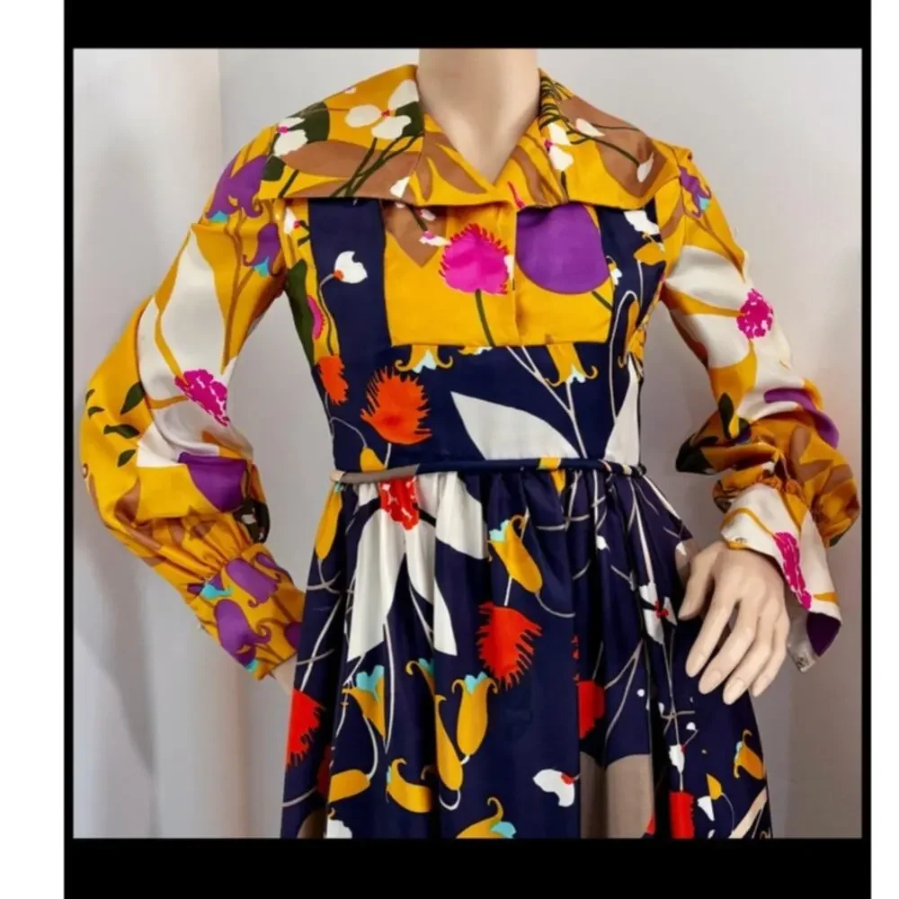 Vintage 60s Flower Power Multi-Color Rayon Long Sleeve Dress S festival - Picture 3 of 9